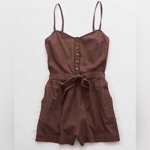 Aerie Women’s Brown Spaghetti Strap Button Front V Neck One Piece Romper Smal (h